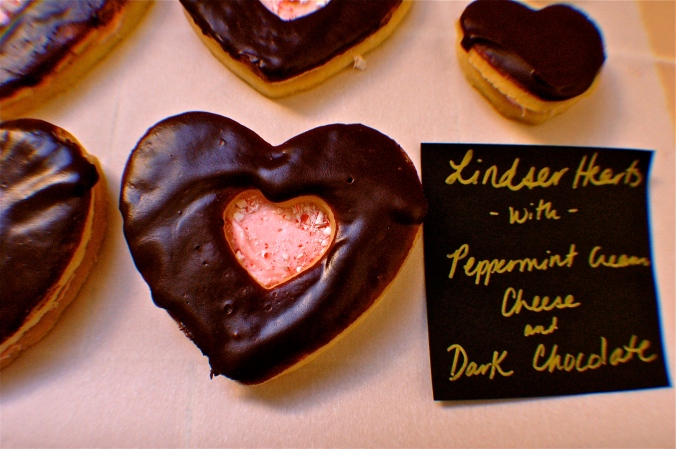 Linzer Hearts + Peppermint Cream Cheese + Dark Chocolate Glaze = yummy!