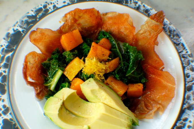 Perfectly crispy, balanced, salty, sweet, and healthy Crispy Prosciutto, Butternut Squash and Kale salad.